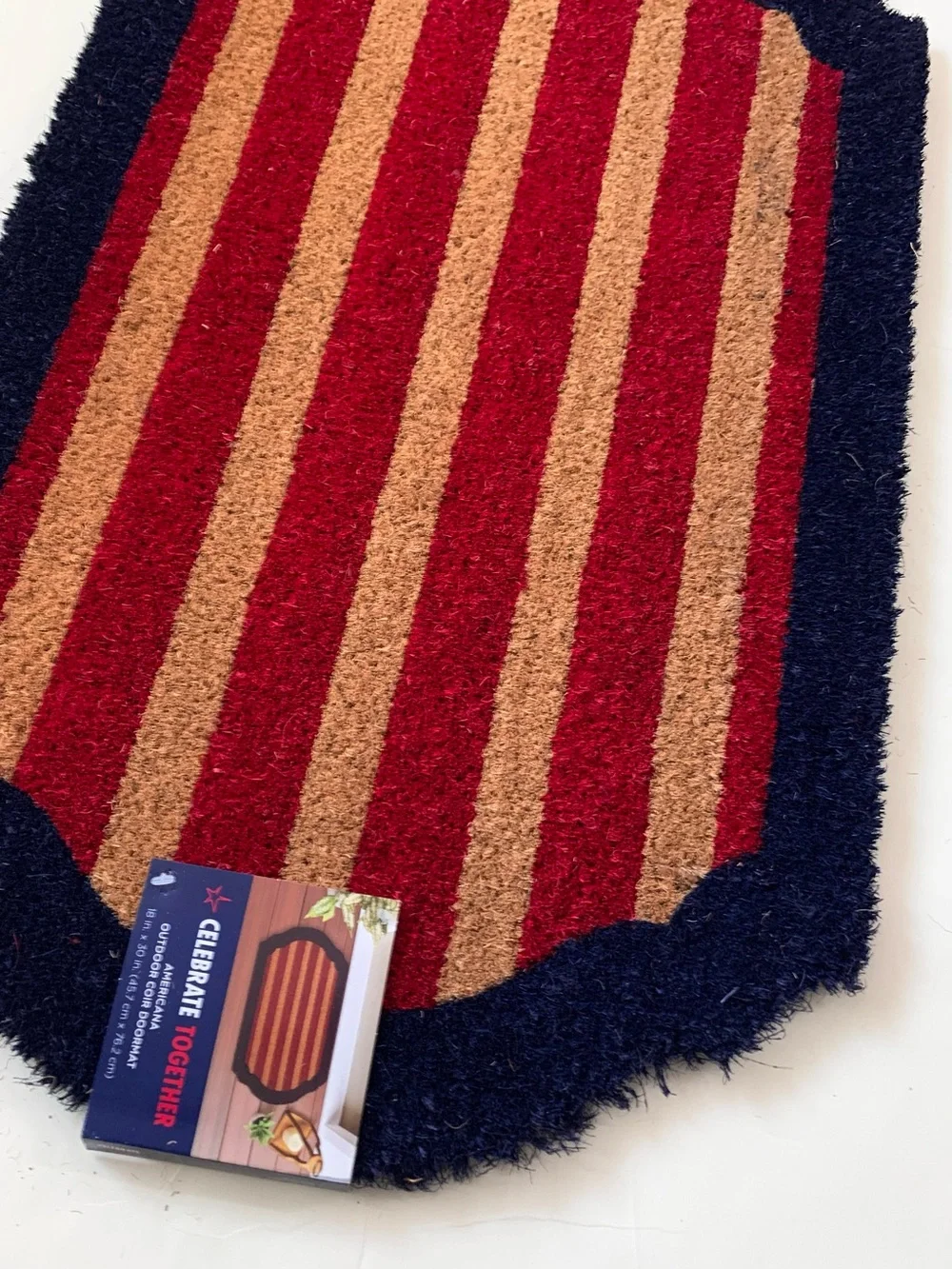 Outdoor doormat red stripe navy trim